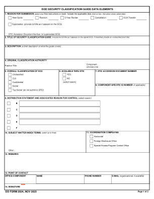 DD 表格 2024，“国防部安全分类指南数据元素”
